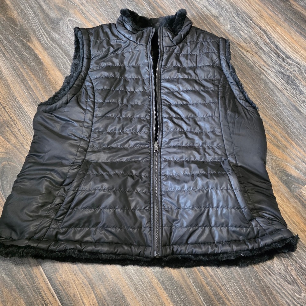 Nicole Miller Original Black Reversible Puffer Vest Faux Fur Quilted XXL Womens
